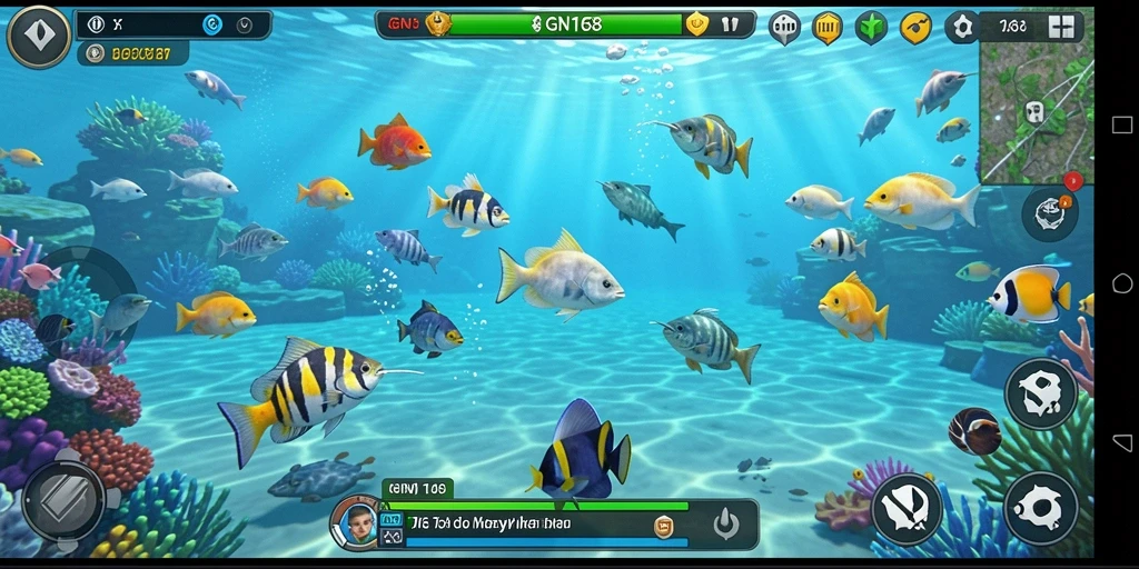 Tangkapan layar gameplay GN168 dengan ikan berwarna-warni yang menari di lautan.