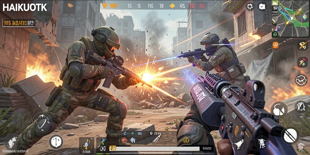 Tampilan gameplay seru HAIKUOTK dalam pertempuran FPS.
