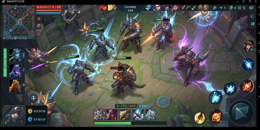 Screenshot permainan MOBA yang menunjukkan pertarungan seru dalam MAHKOTA188.